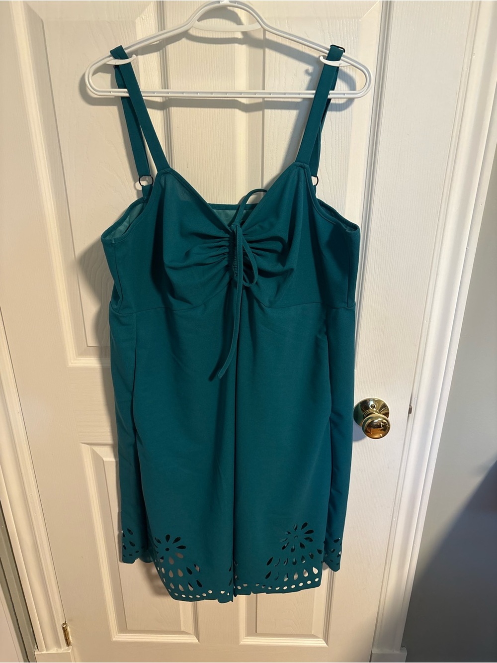 BloomChic Teal Laser-Cut Mini Dress with Tie Front